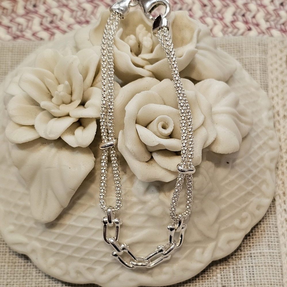 Sterling Stirrup and Popcorn Chain 925 Bracelet - Picture 8 of 15